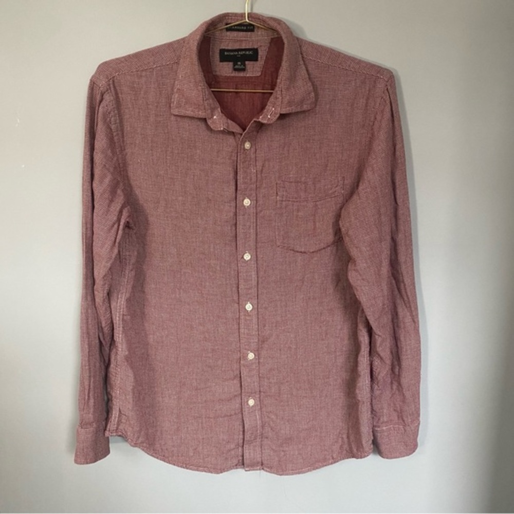 Banana Republic Mens Gingham Button Down Casual Cotton Shirt holiday burgundy